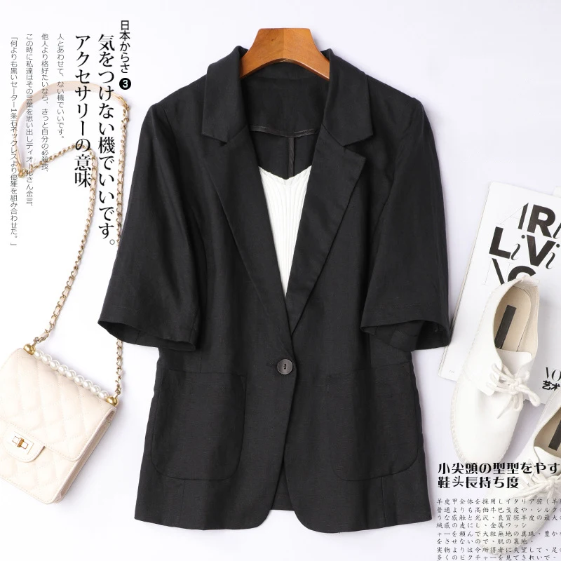 Cotton Linen Blazer Jacket Women Summer Outwear High Quality Solid Single Button Notched Blazer Suits Women's Short Sleeve Top