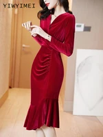 women autumn long dress korean chic elegant temperament v neck velvet long sleeve waist thin mermaid skirt
