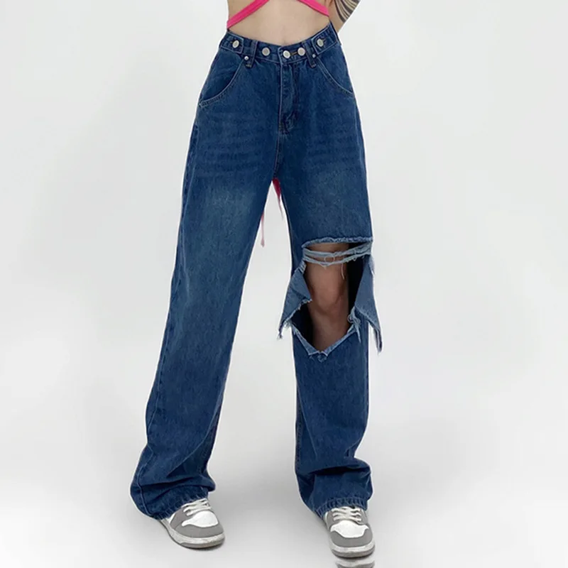 

Женские рваные прямые джинсы с высокой талией, повседневные свободные брюки из денима в уличном стиле Y2K, Новинка лета 2022