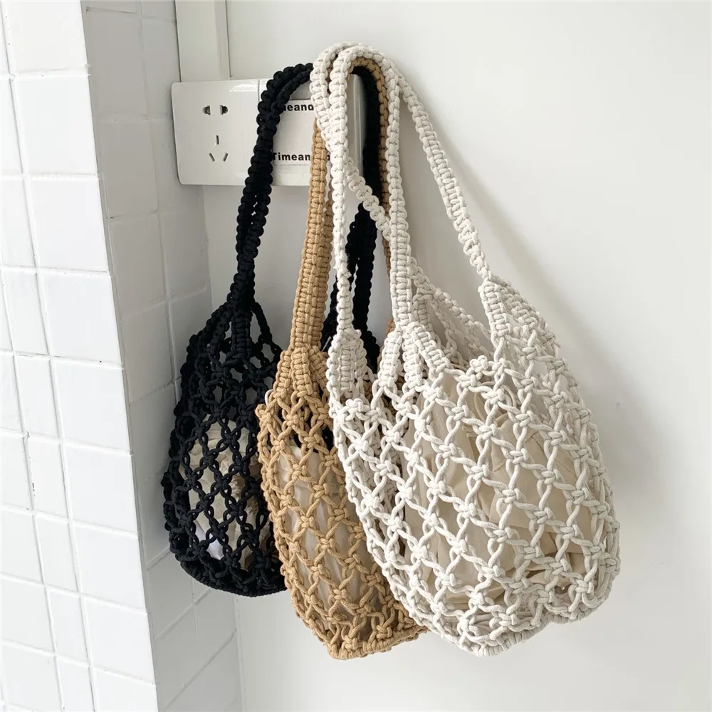 

Lightweight Hollow Fishnet Beach Bucket Handbag Women Woven Shoulder Bag Fashion Summer Beach Shoulder Handbags