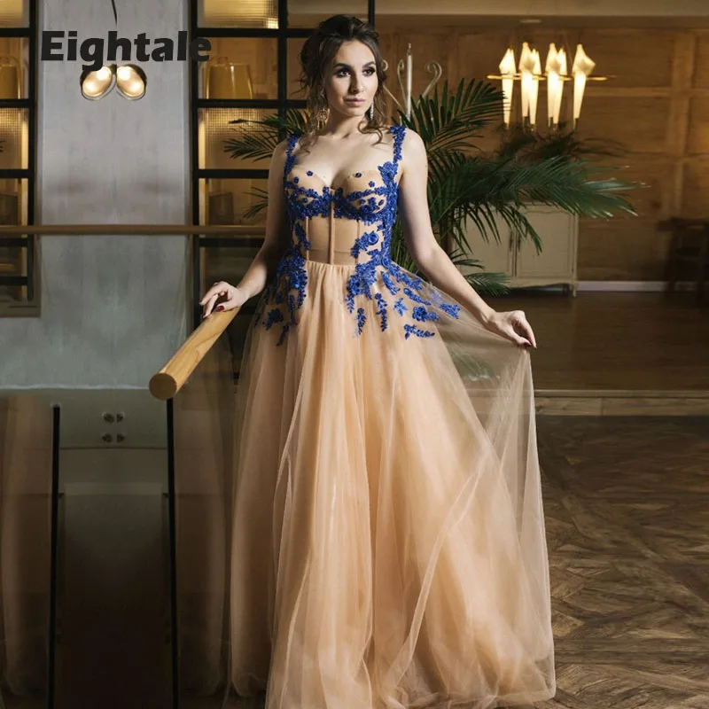 

Eightale Champagne Prom Dresses Spaghtti Strap Blue Appliques Corset Evening Gown Tulle Party Dress Arabic vestido formatura