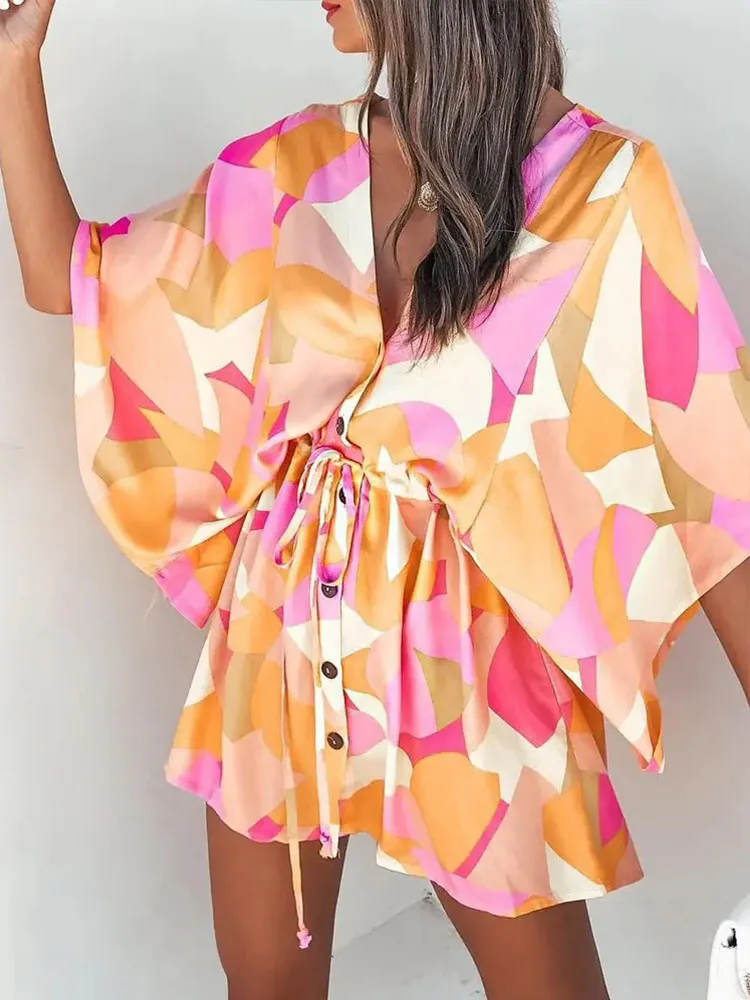 

2022 New Summer Fashion Loose Sleeve Streetwear Party Ol Dress Casual Printed Elastic Waist Mini Women Dress Lady Buttoned Dress