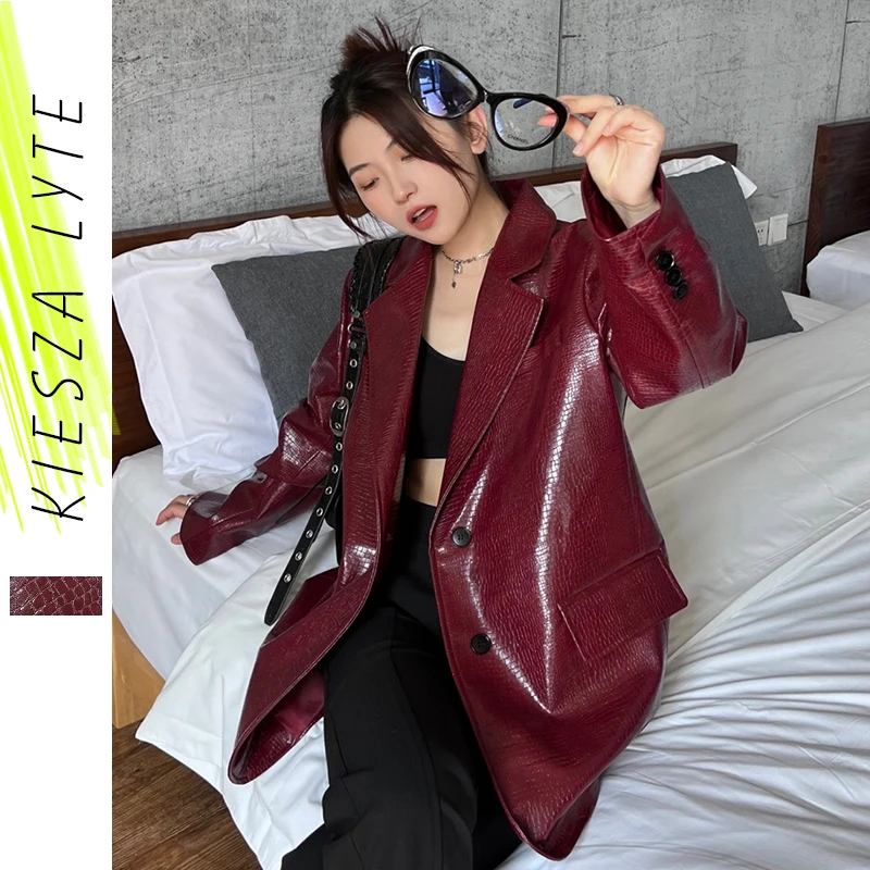 Women Suit PU Leather Vintage Rose Red 2022 Autumn Winter New Plaid Loose Leather Blazer Coat