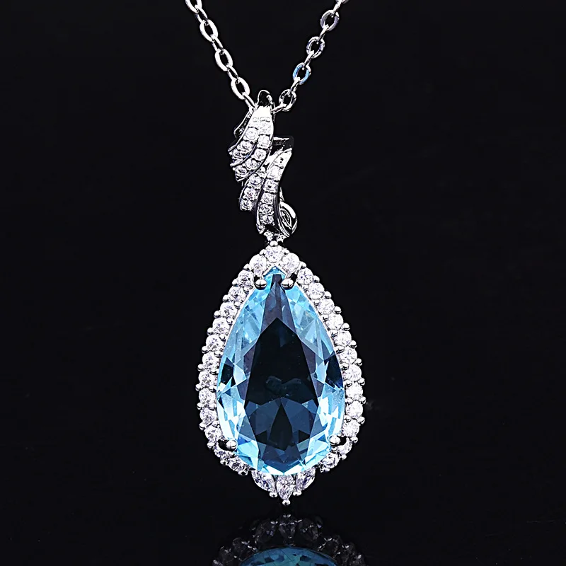 

Natural water drop Santa Maria aquamarine topaz pendant necklace 18k white gold micro-set diamonds Princess model
