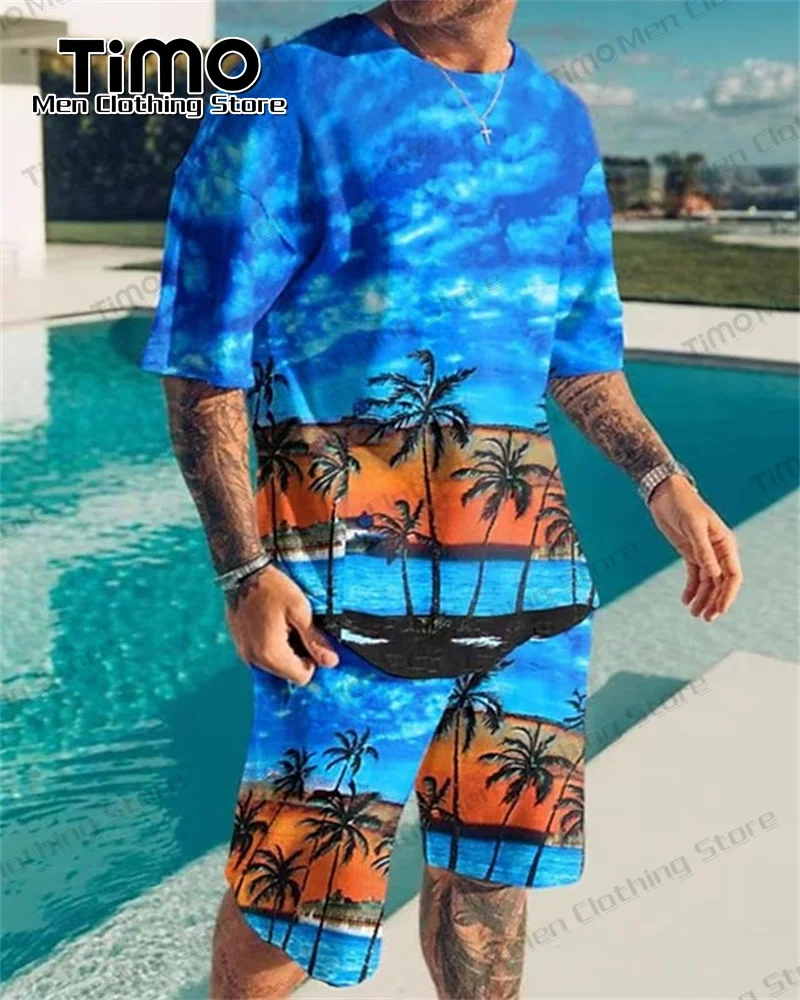 Hawaiian Men's Set Summer Beach Fashion Casual T-shirt+Shorts 2 Piece Set Daily Oversized Loose O-Neck Sportswear For Men