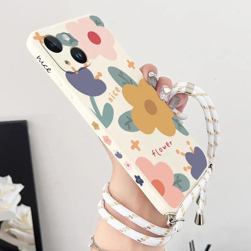 

Warm Flowers Crossbody Lanyard Silicone Phone Case For iPhone 14 13 12 11 Plus Pro Max Mini X XR XS SE2020 8 7 6 6S Plus Cover