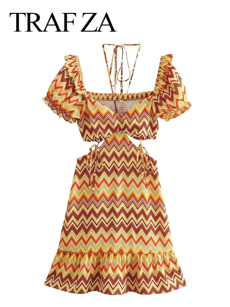 

TRAF ZA Casual Fashion Trend V-Neck Puff Sleeve Women Dress Drawstring Halter Neck Both Sides Open Waist Lace Up Print Dress