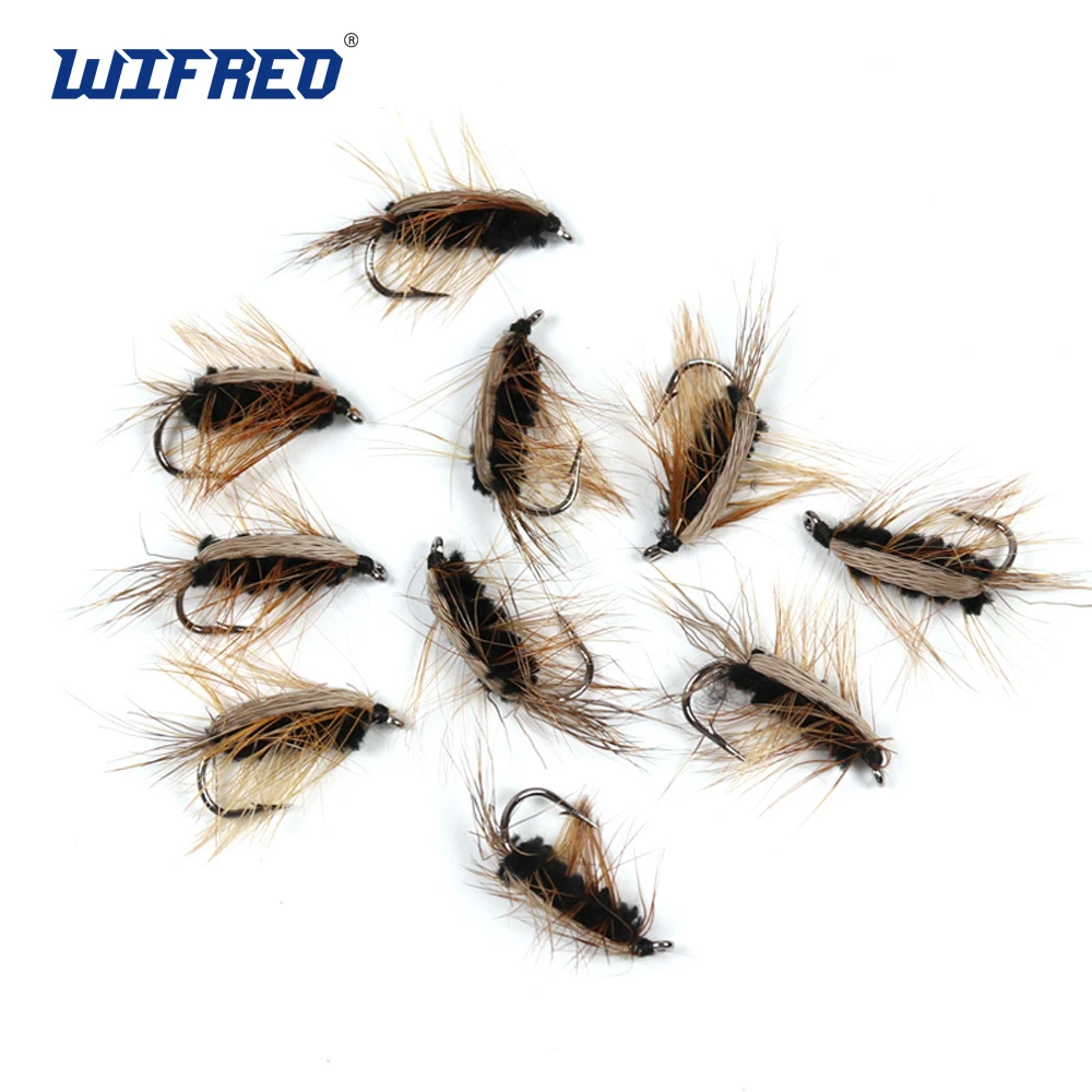 

Wifreo 10PCS #6 Woolly Worm Beetle Nymph Brown Caddis Fly Deer Hair Trout Fishing Fly Bait Barbed Hook Black Green Orange Body