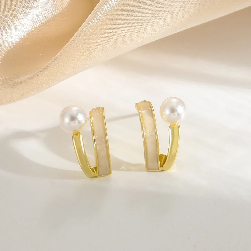 

New Summer Feminine Pearl Earrings Set with Zircon Double Layer Fritillaria Earrings