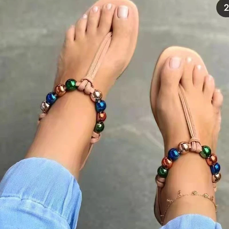 

2022 Summer Clip Toe Women Sandals Fashion Beaded Flats Heels Rome Women Sandalias Female Outdside Beach Shoes Plus Size 36-43