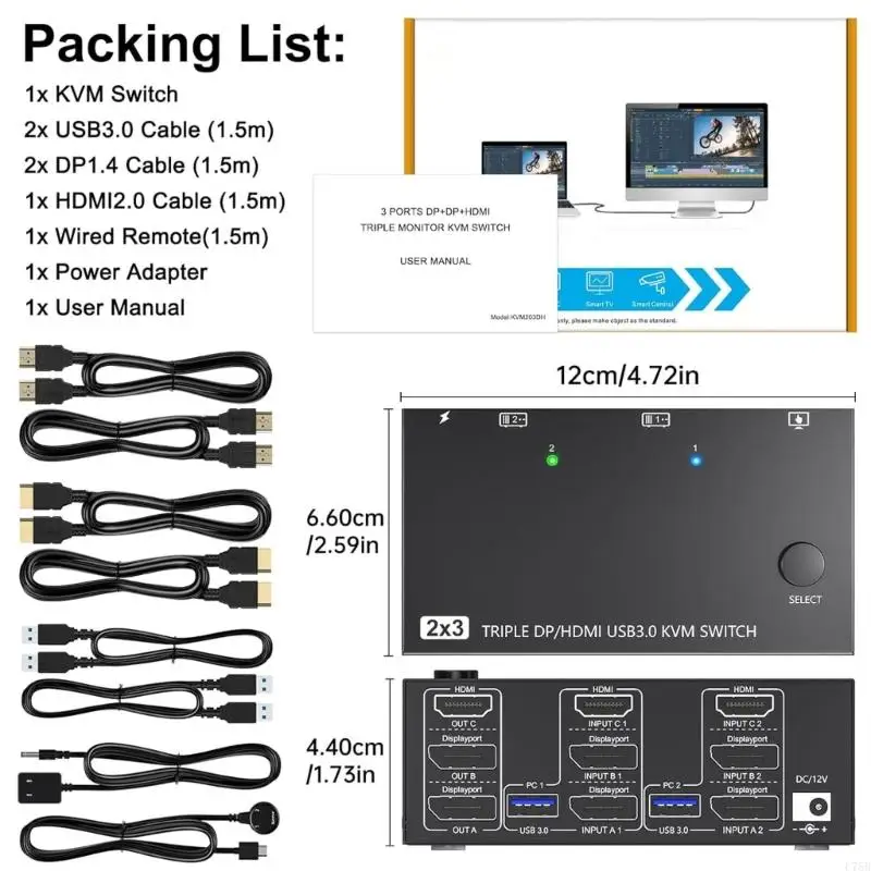 U75B Triples Monitors KVM Switcher 2Displayport HDTV USB3.0 для двойного ПК 3 -экраны