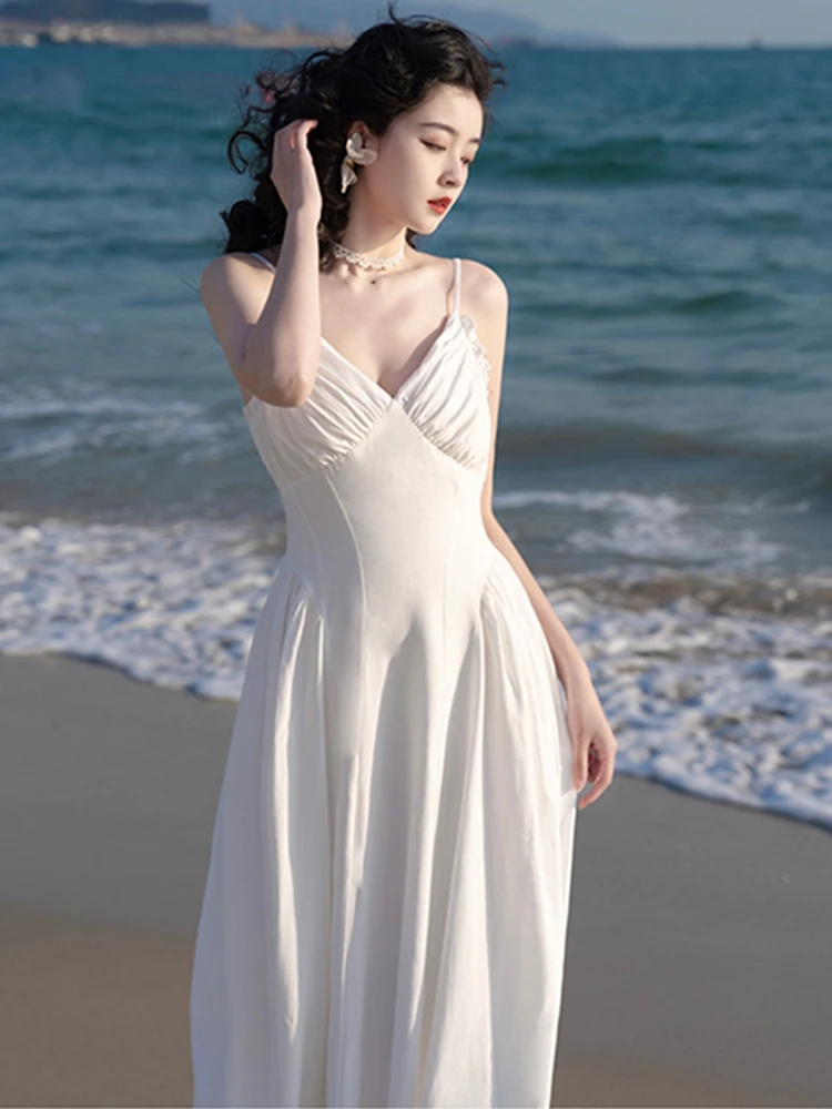 

2023 летние новые женские модные элегантные миди белые платья на бретельках винтажные женские вечерние трапециевидной формы Vestdios