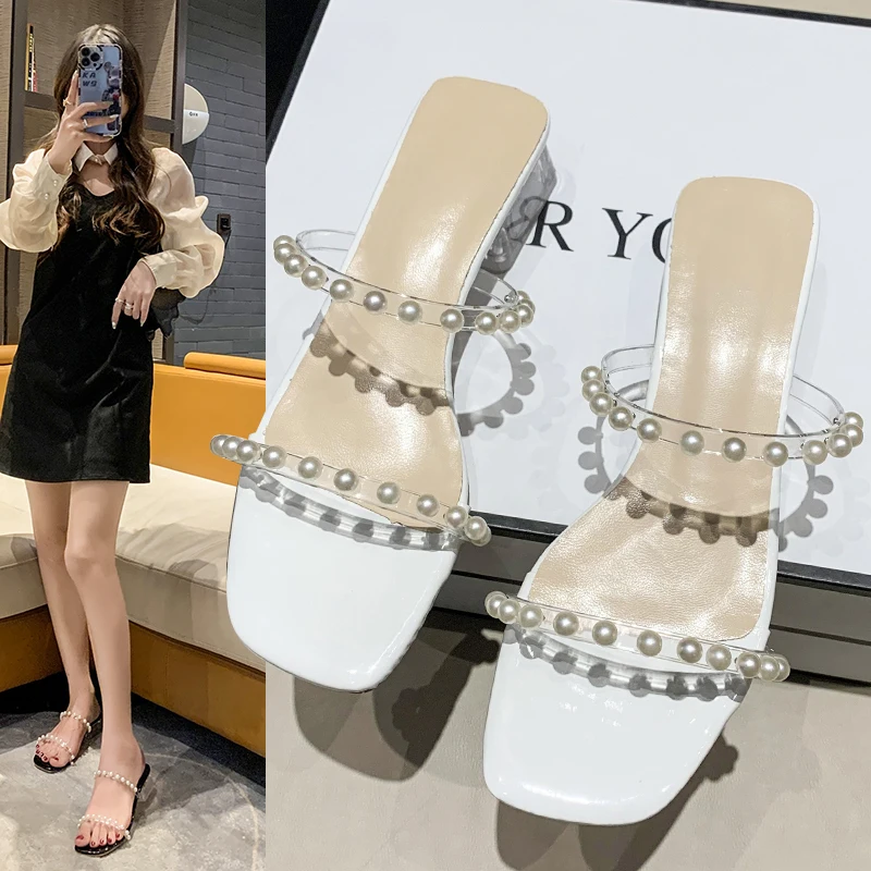 

Женские блестящие шлепанцы на квадратном каблуке, Модные прозрачные туфли на среднем каблуке, роскошные резиновые туфли, 2022