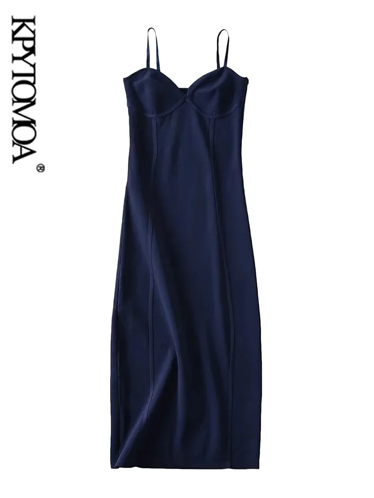 

KPYTOMOA Women Fashion With Sweetheart Neck Fitted Knit Midi Dress Sexy Backless Thin Straps Female Dresses Vestidos Mujer