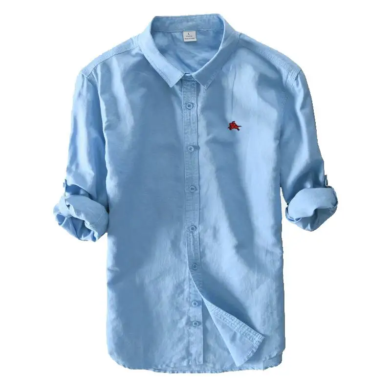 High Quality Men Shirt Spring Autumn Embroidery-Logo Casual Long Sleeve Linen Men's Shirts Hommes Blouse Cotton Mens Clothing