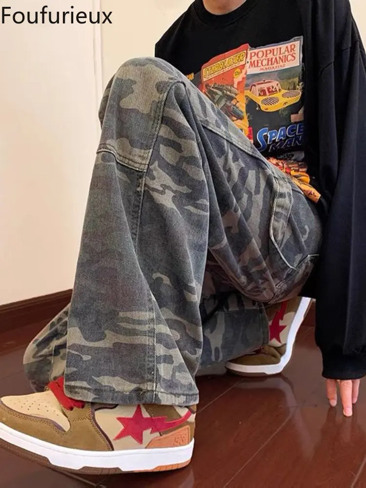 

Foufurieux Streetwear Camouflage Jeans Man High Waist Cargo Pants Straight Jeans Fashion Straight Baggy Pants Y2k Denim Trousers