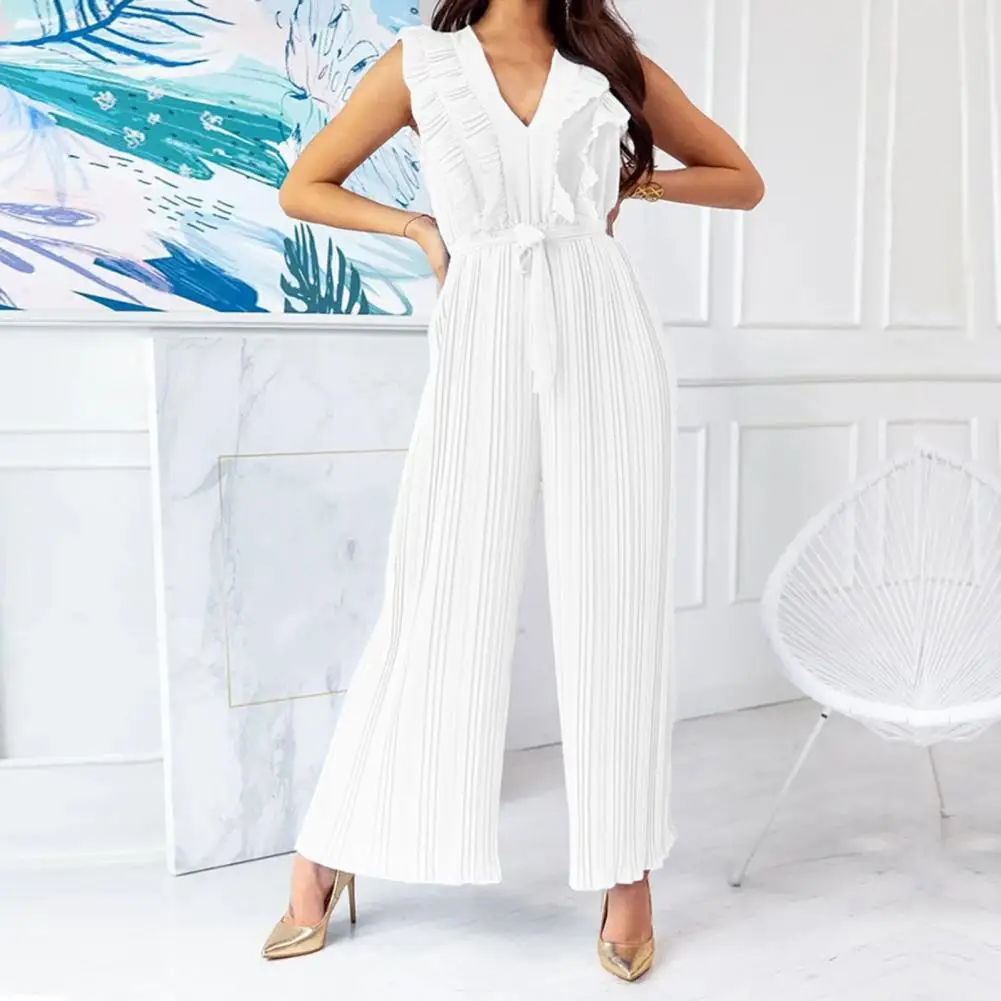 

Women Wide Leg Jumpsuit with Belt Breathable Eye-catching Women Elegant All-Match Ruffle Wide Leg Long Romper Female Clothing