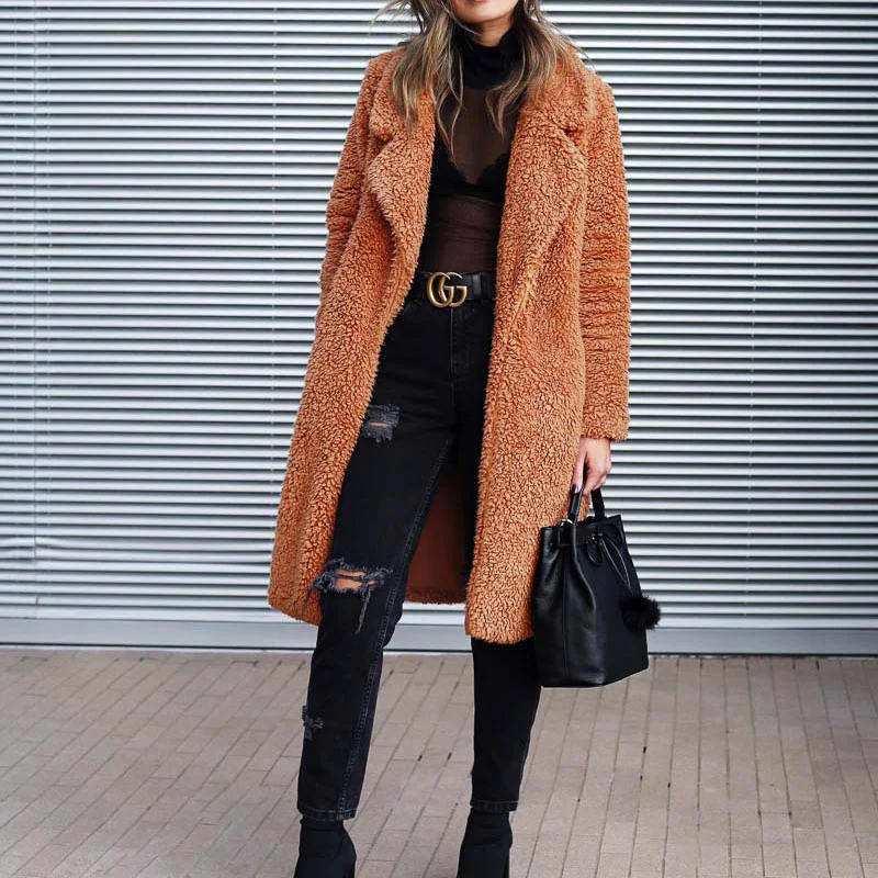 

Fashion Faux Fur Jacket Women Lapel Buttonless Solid Colors Mid Length Coats 2021 Spring Autumn New Warm Fake Fur Casual Jacket