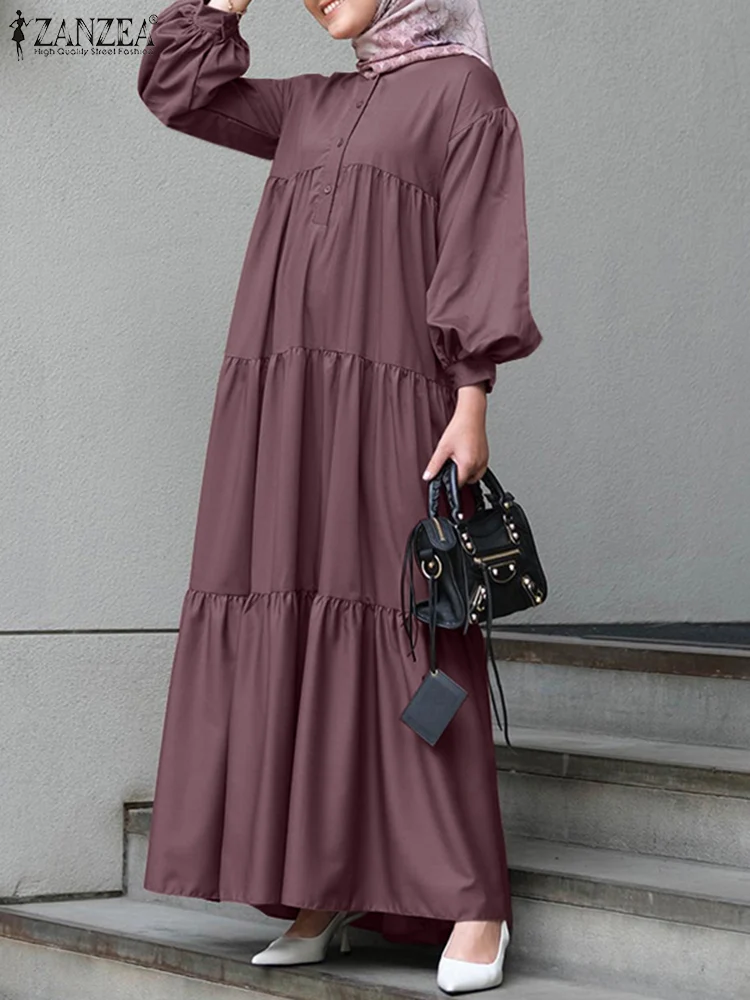 

ZANZEA Women Fashion Spring Muslim Maxi Dress Elegant Casual Party Loose Robe Full Sleeve O-Neck Ruffled Lace Up Vestidos 2022