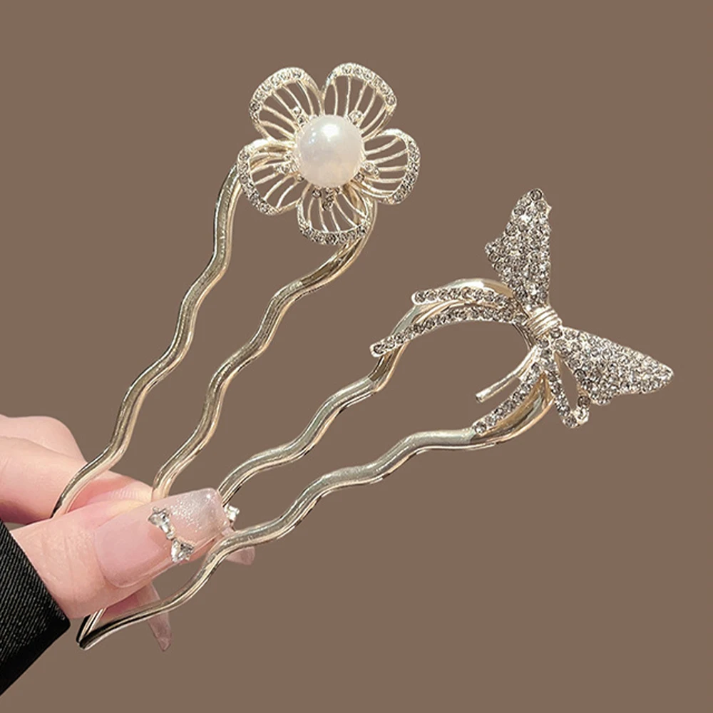 Фото Многофункциональная металлическая заколка-шпилька для волос U-образной формы с жемчугом, цветами, сердцем, луной, бантом, крестом, звездой для женщин и девочек №5