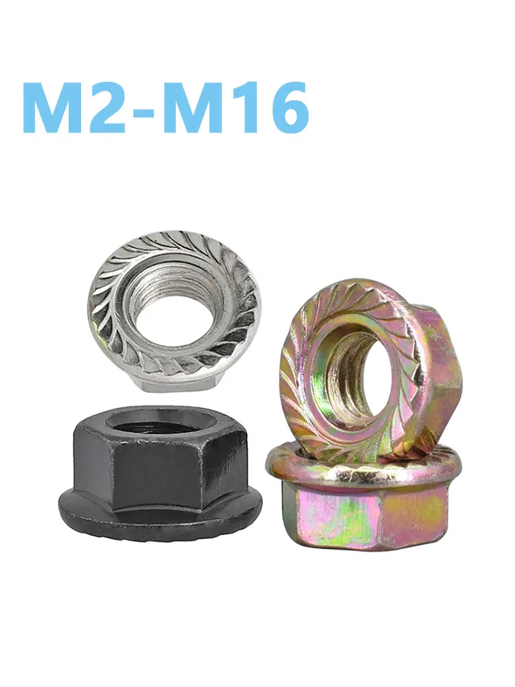 

Black Anti-skid Flange Nut Nickel-plated Color Zinc Hexagonal Flange with Toothed Locking Nut M2M2.5M3M4M6M8-M16