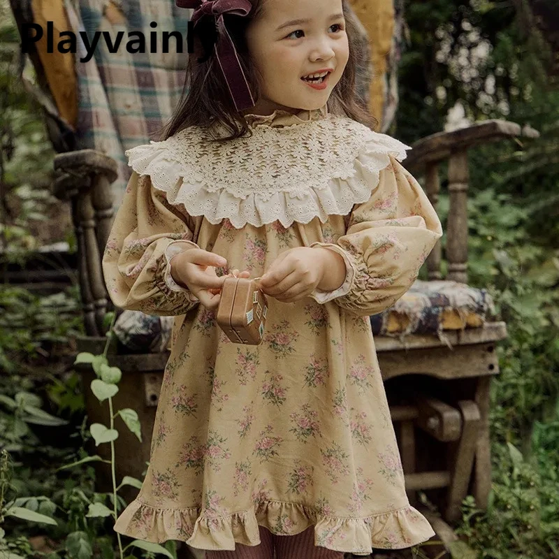 

Korean Style New Spring Autumn Kids Girl Dress Long Sleeves Sweet Floral Lace Patchwork Ruffled Floral Princess Dresses H084
