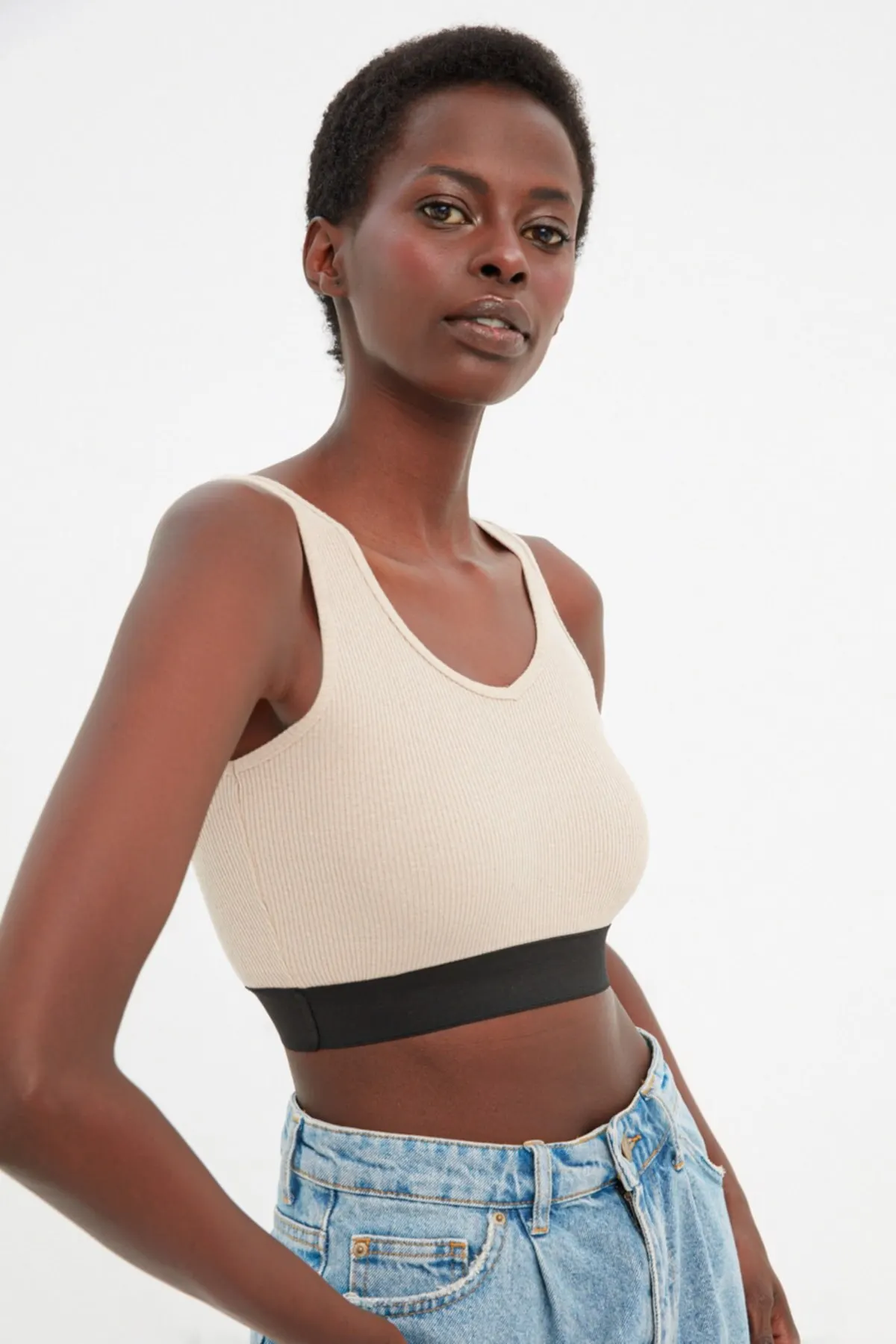 

Women's Summer Crop Top Blouse Beige ribbon Elastic Waist Super Crop Knitted hot girl top bottoming shirt