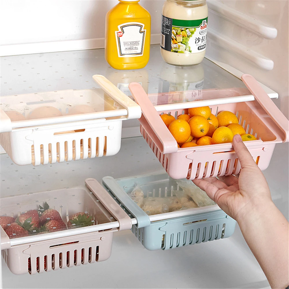 

Durable Strechable Refrigerator Storage Basket Kitchen Food Fruit Storage Rack Pull-out Drawer Space Saving Organizer Shelf
