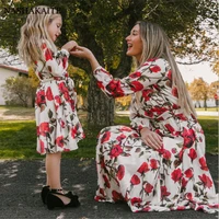 mom and daughter parent child dress v neck rose floral long sleeve dress mother kids dresses mom and daughter matching clothes