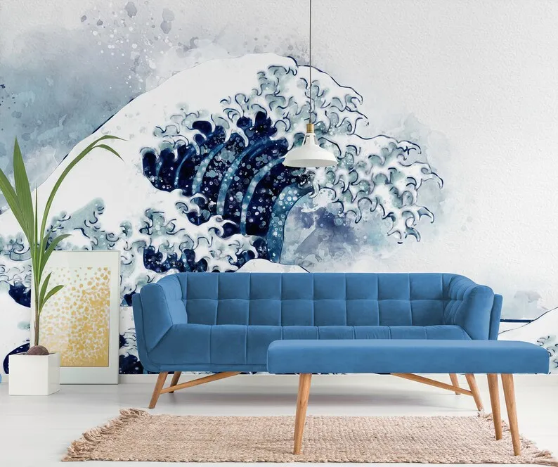 

Blue ocean wave wallpaper, self adhesive, peel and stick wall mural