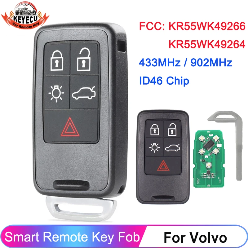 KEYECU 5 Button 434MHz 902MHz ID46 Chip For Volvo XC60 S60 S60L V40 V60 S80 XC70 KR55WK49264 KR55WK49266 Smart Remote Key Fob