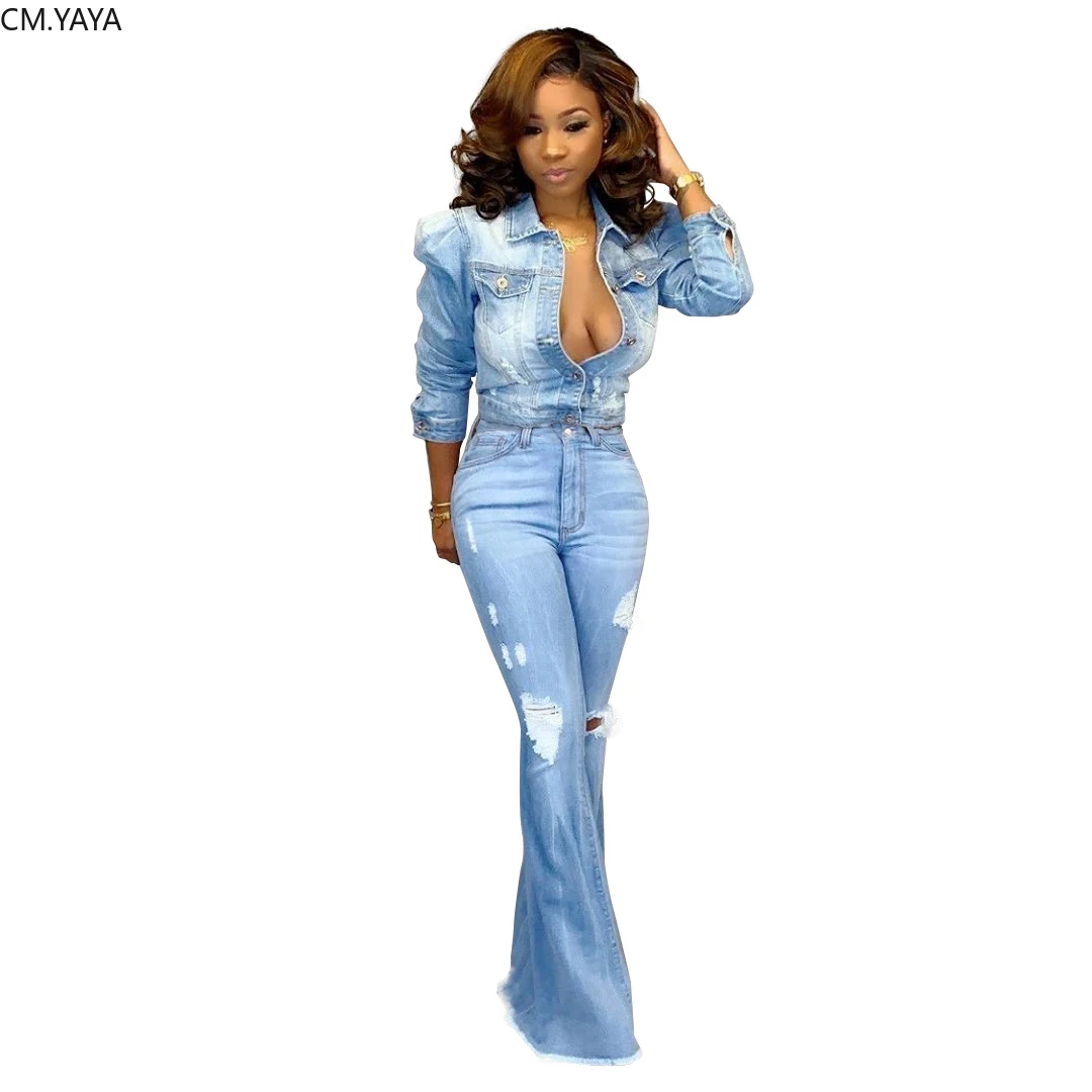 

New Winter Denim Pants Women Retro Solid Hole Jeans Ripped Flare Trousers Skinny Casual High Waist Pants Sexy Bottoms
