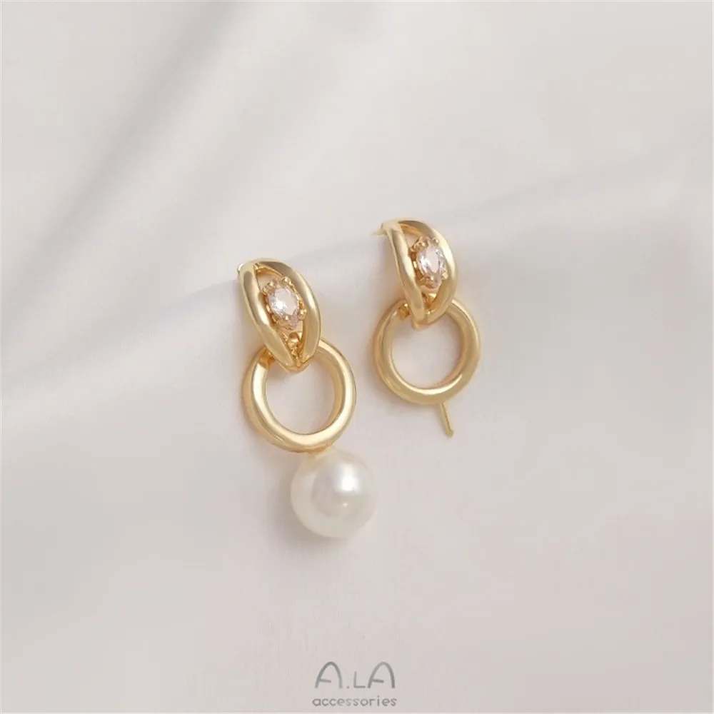 

14K gold plated, zirconium C shaped half moon hanging ring bead studs 925 silver needle diy adhesive crystal pearl earrings