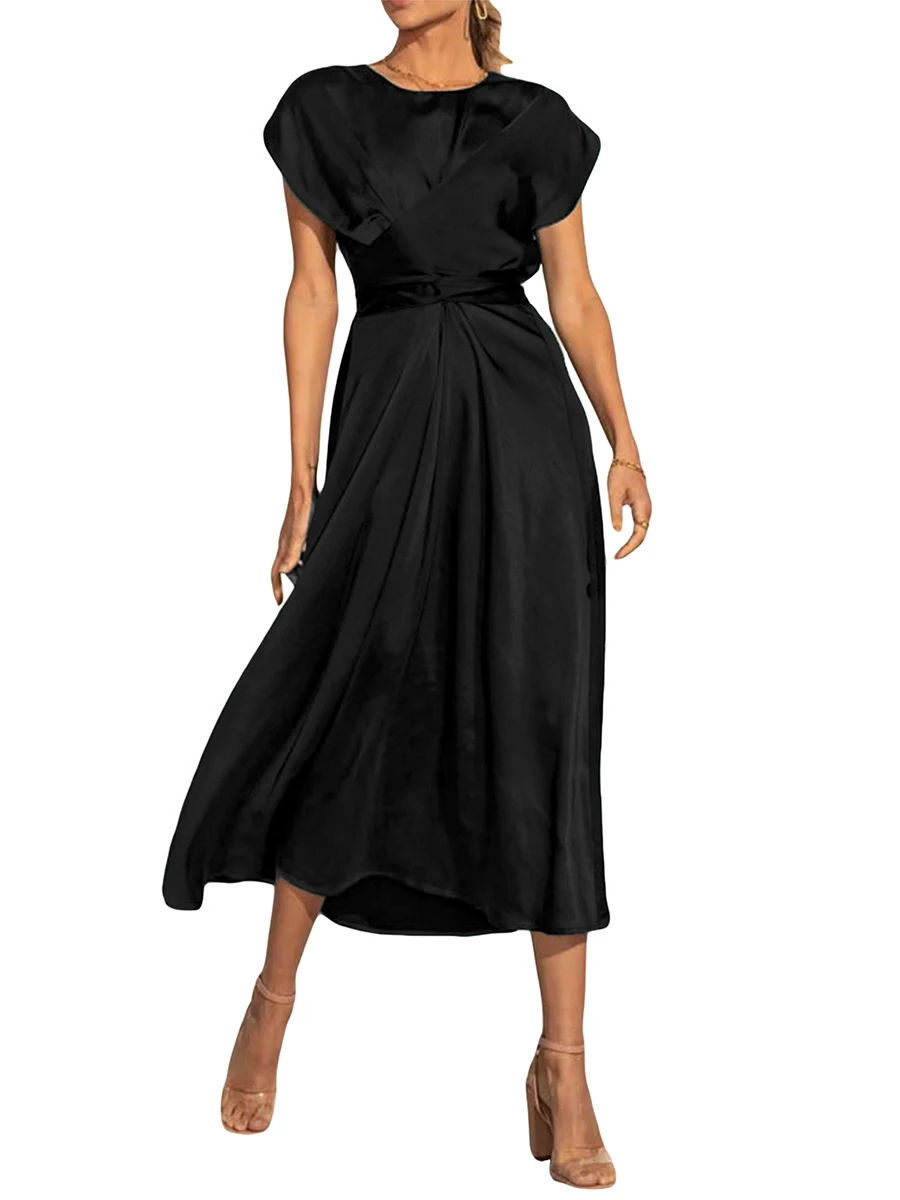 

Women Summer Midi A-line Dress Solid Color Short Sleeve Round Neck Bandage Fashion Dress
