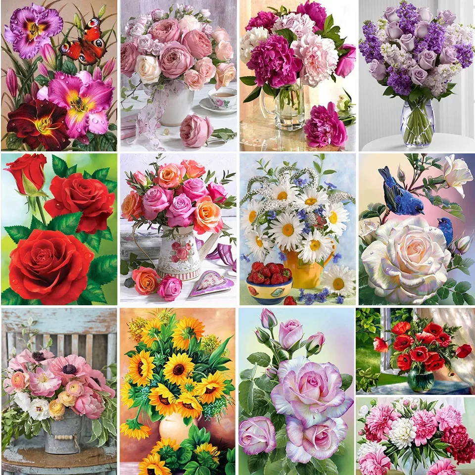 

5D DIY Diamond Painting Flowers Vase Cross Stitch Kit Full Drill Embroidery Mosaic Rose Art Picture Of Rhinestones Gift Decor
