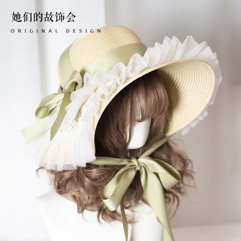 

Соломенная шляпа в стиле "Лолита" для женщин с большими каймами, кружевная затеняющая, пасторальный галстук-бабочка и лента, оригинальная и универсальная, новый стиль 2022