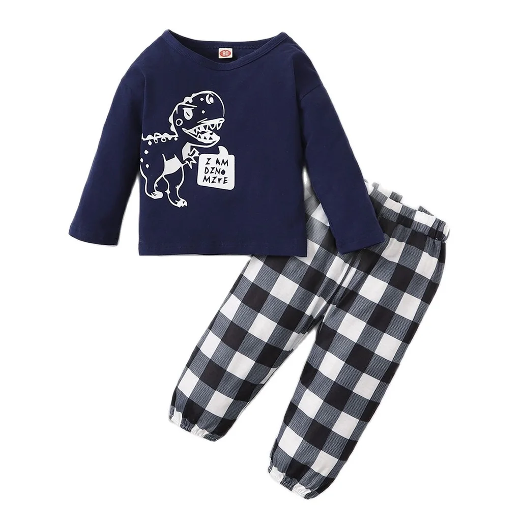 

0-24M Newborn Baby Clothes Suit Dinosaur Print T-shirt + Plaid Trousers 2Pcs Costume For Spring AutumnToddler Boy Outfit Set