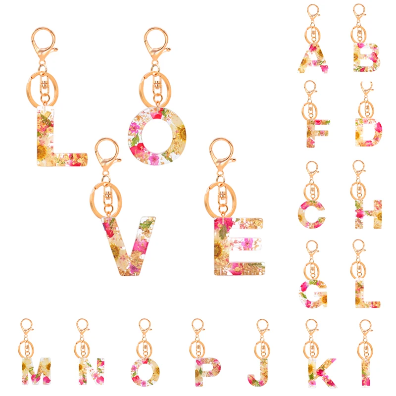 

A-Z Letter Pendant Keychains Resin Key Chains Rings Women Car Acrylic Glitter Dried Flower Alphabet Keyring Holder Charm Bag