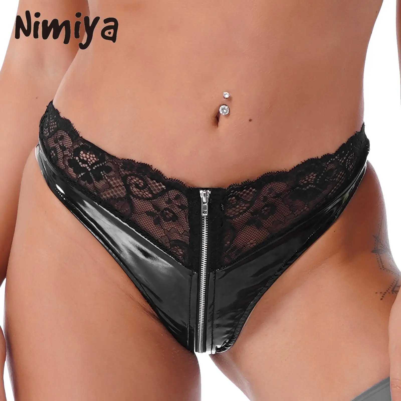 

Nimiya Womens Black LaceLow Waist Hot Thongs with Front Zippers Patchwork Patent Leather Soft Briefs Underpants Night Clubwears