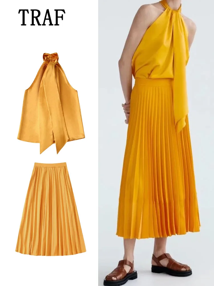 

Женский комплект из 2 предметов, топ с бантом на шее и плиссированная юбка с высокой эластичной талией в стиле пэчворк, TRAF ZA ree, 2022