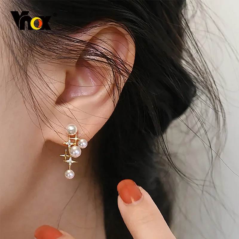 

Vnox Stars Earrings for Women, Cross Dangle with Simulated Pearl, Elegant Korean Japanese Style Earrings
