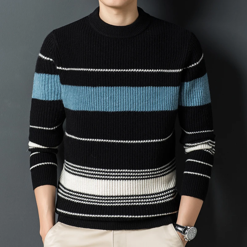 

Thick Sweater Men's 100 Pure Wool Autumn and Winter Striped Youth round Neck Wool Sweater Men's Knitted Shirt