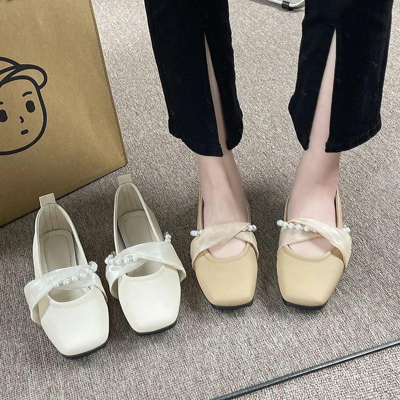 

Shoes Woman Comfortable And Elegant Casual Female Sneakers Modis Square Toe Pearl Decorateion Low Heels Flats Shallow Mouth 2023