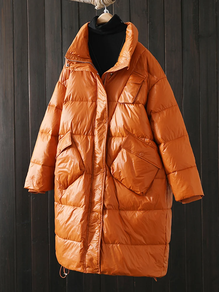 Winter Women Thick Warm White Down Long Jacket Casual Female Loose Fit Stand Collar Zipper Pocket Coat Snow Outwear 2022 New
