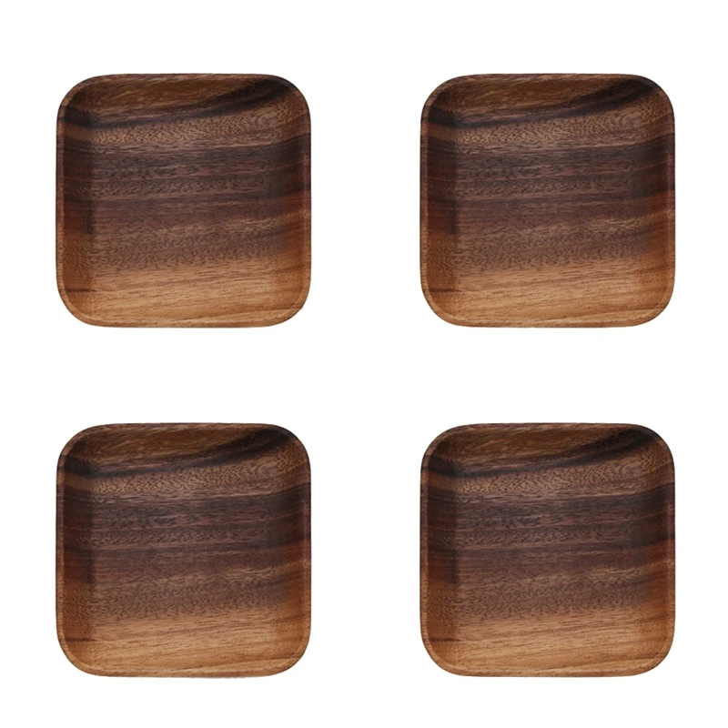 

4Pcs Japanese Style Square Solid Wood Plate, Fruit Plate, Snack Plate Sushi Food Dishes Plate Set Wooden Tableware