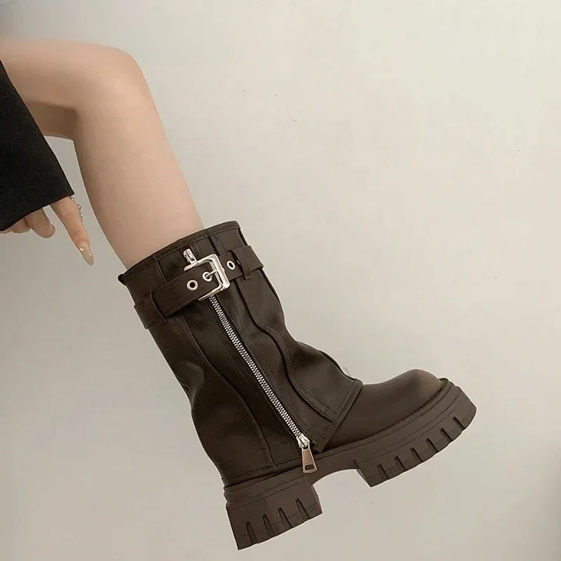 Сапоги женские до середины икры на платформе с боковой молнией рыцарские сапоги