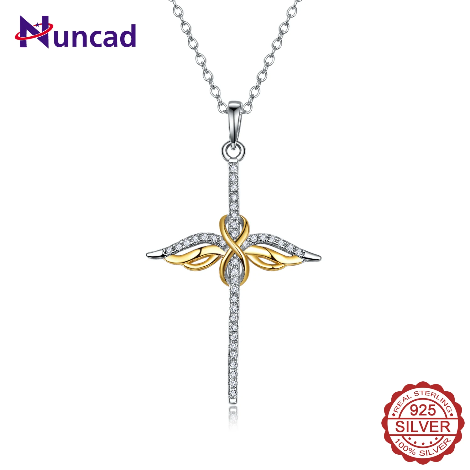 

NUNCAD 14K Gold 925 Sterling Silver Zircon Necklace For Women Angel Wings Cross Pendant White Gold Color Chain Women Jewelry