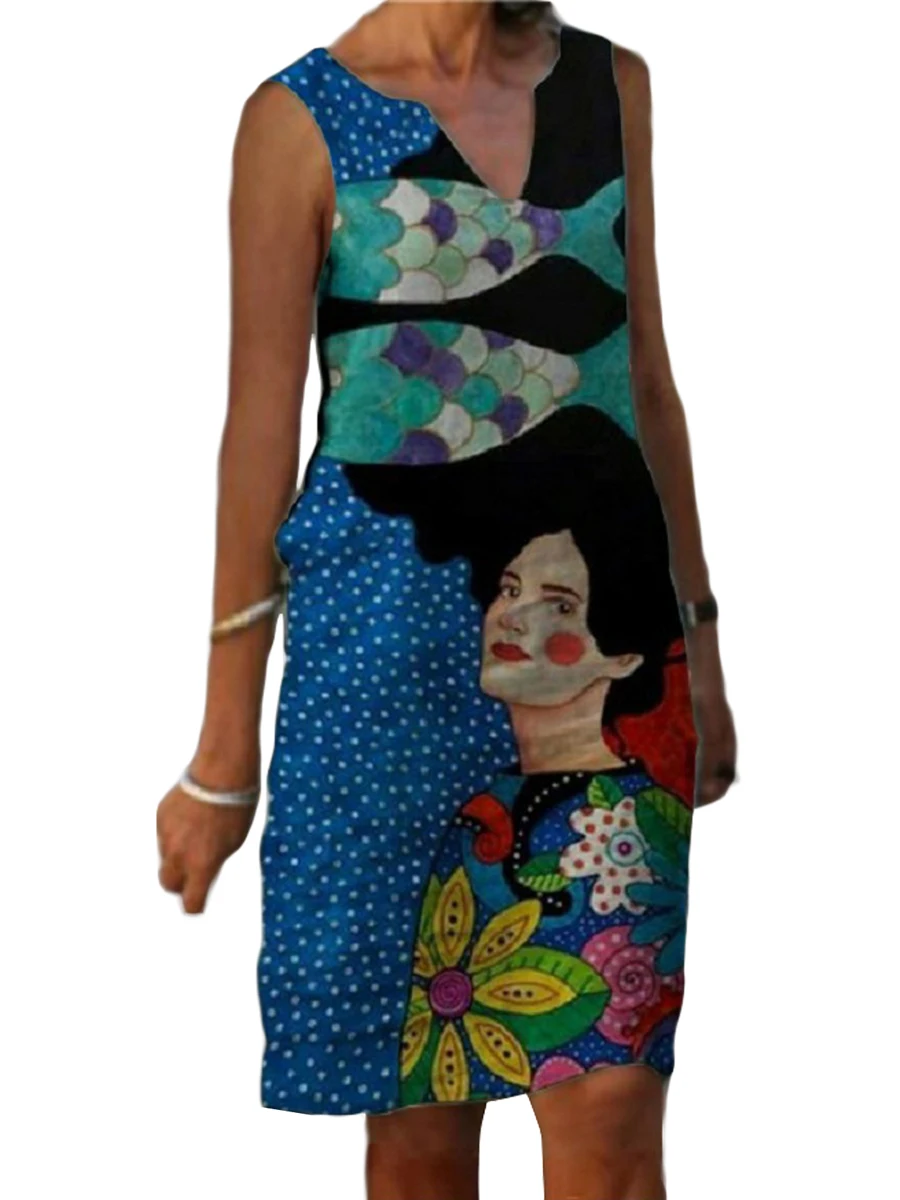 

Women Summer Casual V-Neck Tank Dress Sleeveless Vintage Graphic Print Shirt Dress Retro Loose Midi Dress Plus Size