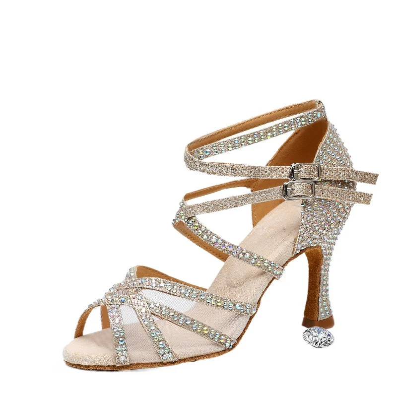 

Summer New Diamond Inlaid Latin Dance Shoes Female Adult Genuine Sandals Professional Soft Sole Dance Shoes Medium High Heels