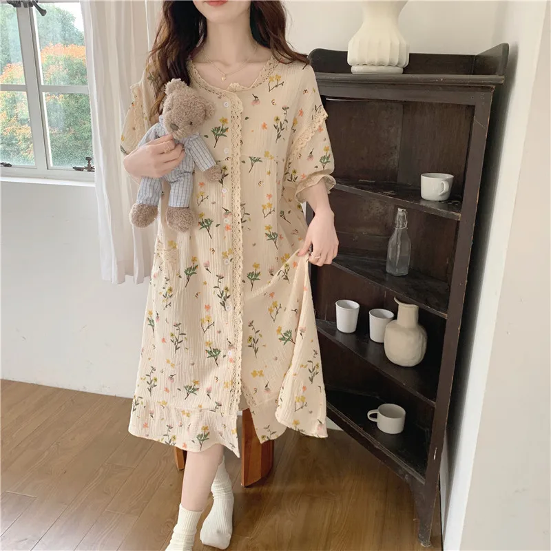 New Summer Korean Women Pajama Sweet Lace Ladies Cotton Yarn Cute Casual Loose Comfortable Loungewear Pajamas Long Dress